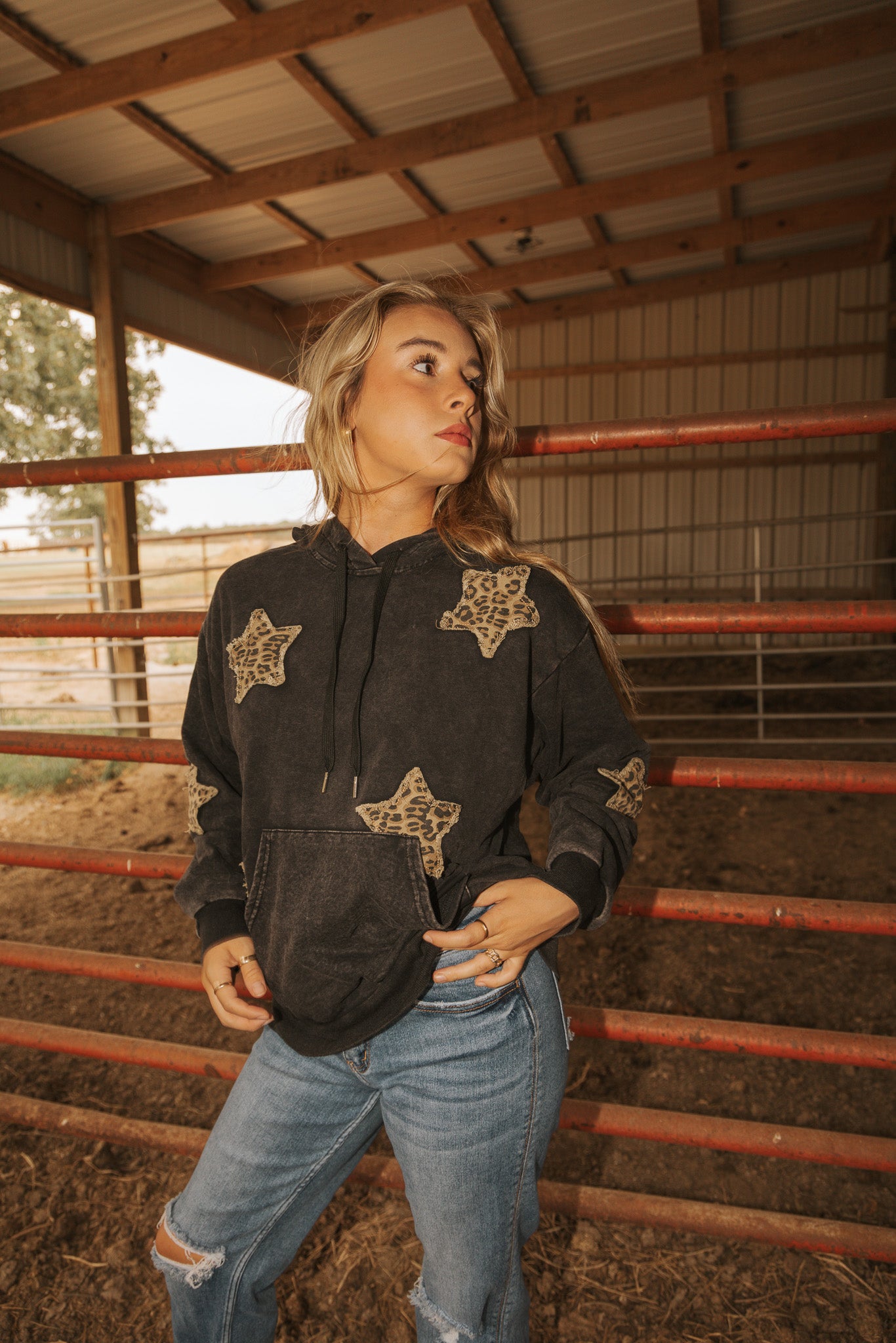 Over sized Mineral Wash Hoodie With Denim Star Patch