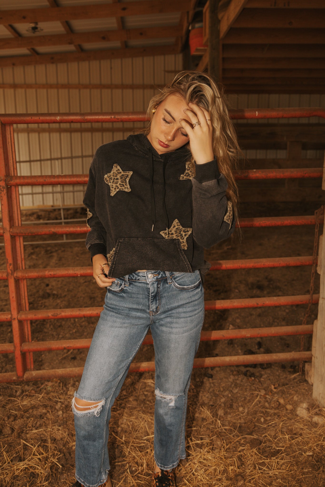 Over sized Mineral Wash Hoodie With Denim Star Patch