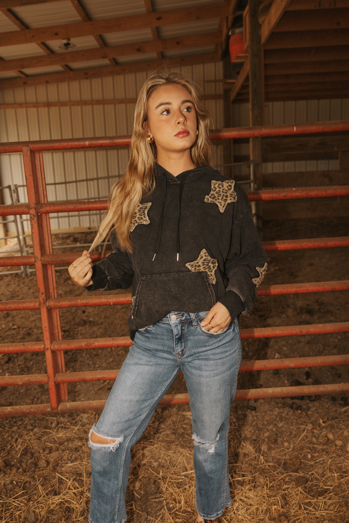 Over sized Mineral Wash Hoodie With Denim Star Patch