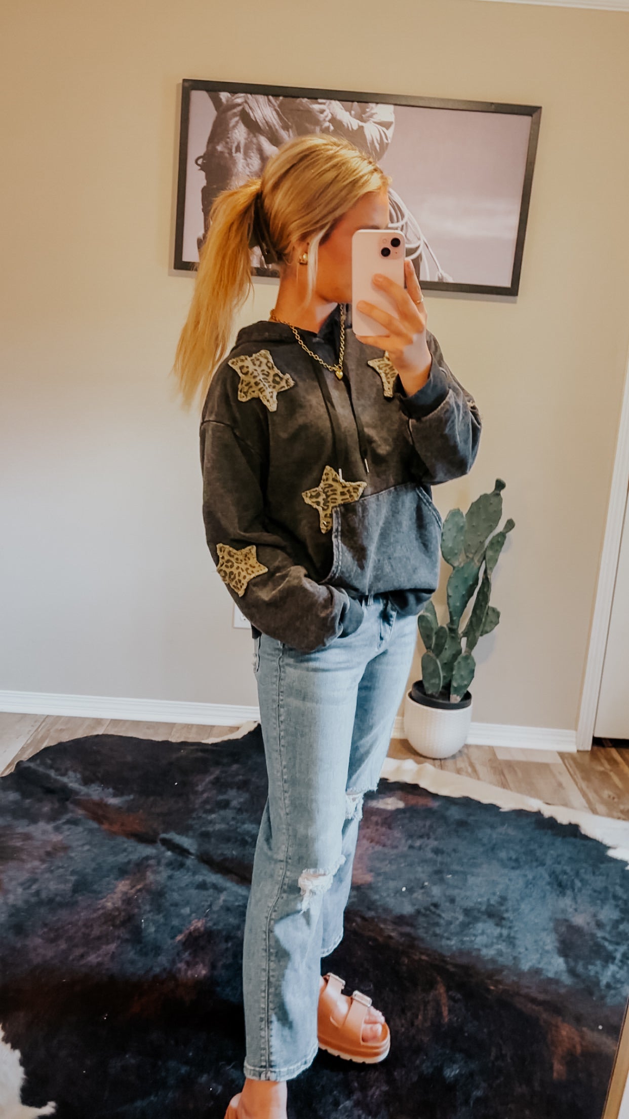 Over sized Mineral Wash Hoodie With Denim Star Patch